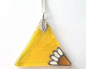 Glass Triangle Pendant in Yellow with a Daisy - Silver Plated Chain & Bail, Glass Necklace