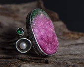 Pink Druzy/Drusy Sterling Silver Ring-Statement Rings-Hot Pink Green Druzy Stone Ring-Modern Cocktail Rings