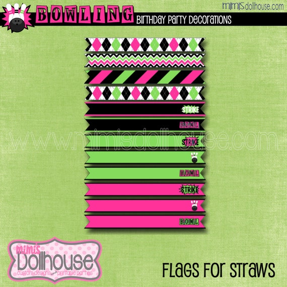 Bowling Straw Flags Pink- Bowling Alley Straw Flags Pink-PDF Il_570xn