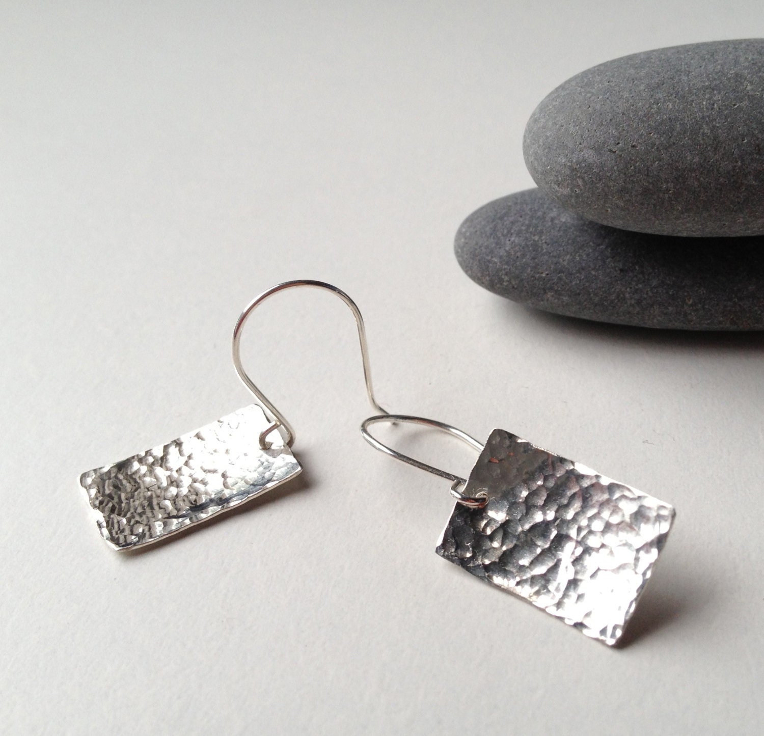 Hammered silver rectangle earrings