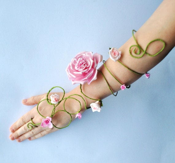 pink rose and buds long flower and vine fairy arm cuffs, slave bracelet wedding bride, bridesmaids, flower girls whimsical woodland style