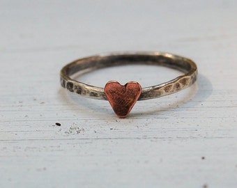 Boho Rustic Heart Ring - Sterling Silver and Copper - Mixed Metal Jewelry - Handcrafted - Custom Made - Gift For Her
