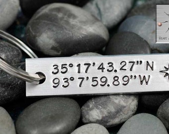Custom Coordinates Keychain - Latitude Longitude Key Chain - Handstamped Personalized Keychain - GPS - Long Distance Relationship - 10 Year