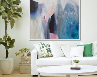 GICLEE print, blue abstract painting with pink and white. Modern painting "Roses are Pink"
