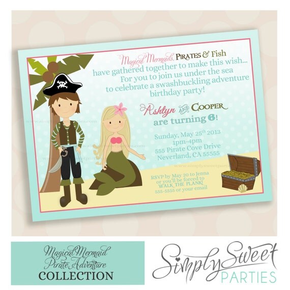 Mermaid and Pirate Birthday Party printable file for 5x7 invitation Il_570xn