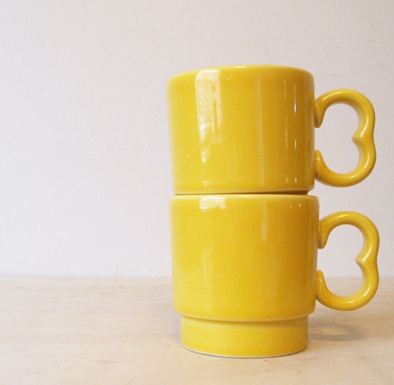 Yellow Stacking Coffee Mugs Set of Two Vintage HLC USA Bright Yellow Coffee Cups