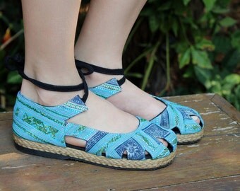 Blue Hmong Embroidery and Batik, Womens Espadrille With Ankle Wrap Flat Boho Shoe - Dahlia Wrap