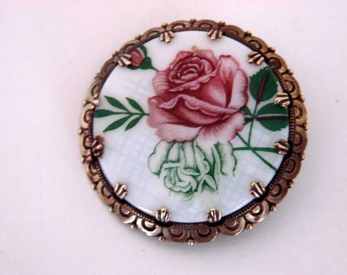 Antique Hand Painted Floral Rose Brooch on Porcelain or Glass / Vintage Jewelry / Jewelry / Jewellery