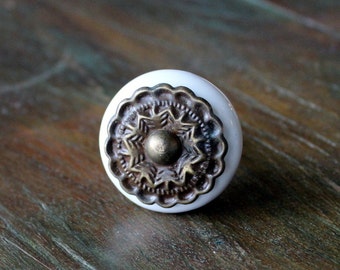 White Ceramic Knob Antique Brass Knob Cabinet Knob Dresser Knob Rustic