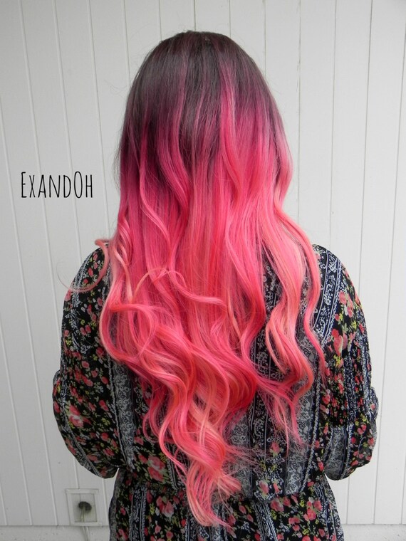 Human Hair Pink Ombre / 30 Long Straight Wavy Layered by ExandOh