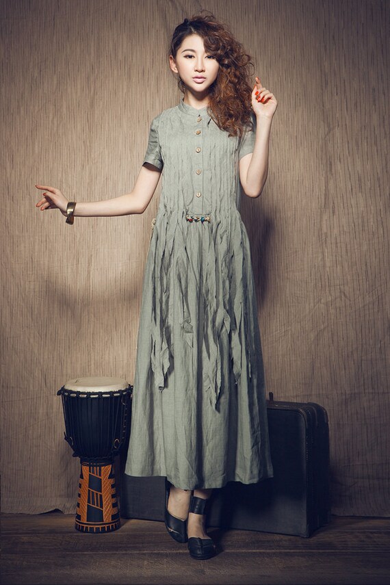 Maxi Linen Dress With Pleated Tassels / Long Linen Dress Gown