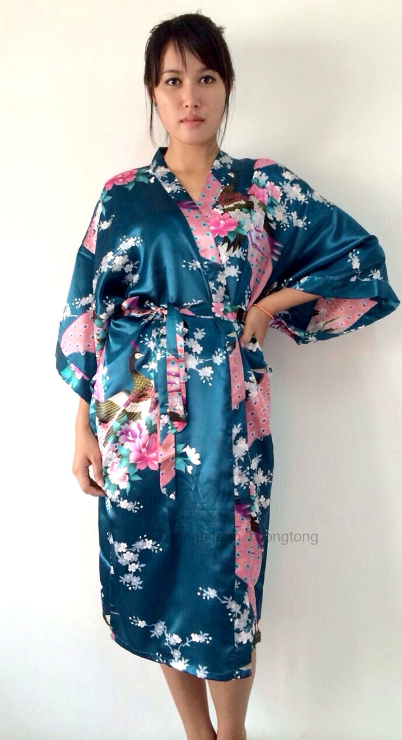 On Sale Kimono Robes Bridesmaids Silk Satin Teal Colour Paint