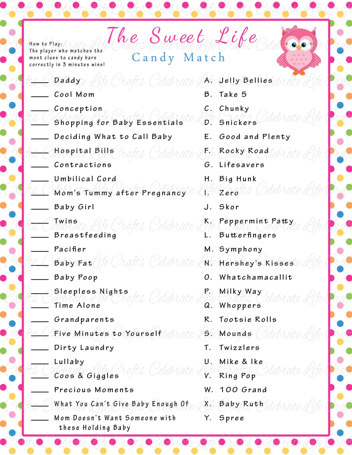 Baby Shower Sweet Life Candy Bar Match Game by 