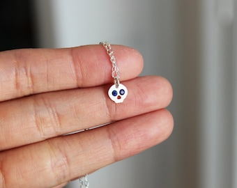Tiny Skull Sapphire Sterling Silver Necklace - Skull Necklace - Sapphire Necklace