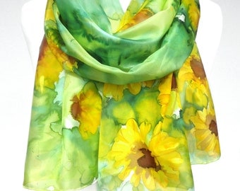 Sunflowers Scarf. Green Silk Scarf. Floral Hand Painted Silk Shawl. Anniversary Gift. Genuine Art on Silk. Woman Gift. 18x71in MADE to ORDER