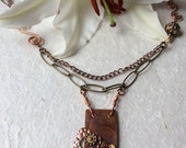 Copper and Brass Metal Collage Statement Necklace With Swirl Chain