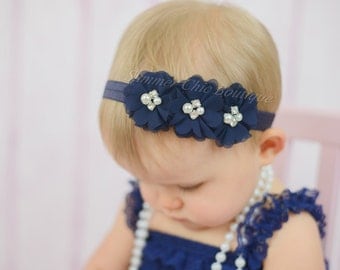 Navy Baby Headband, Infant Headband, Newborn Headband -Navy Headband, Navy Headband,Chiffon and Pearls Flower Headband