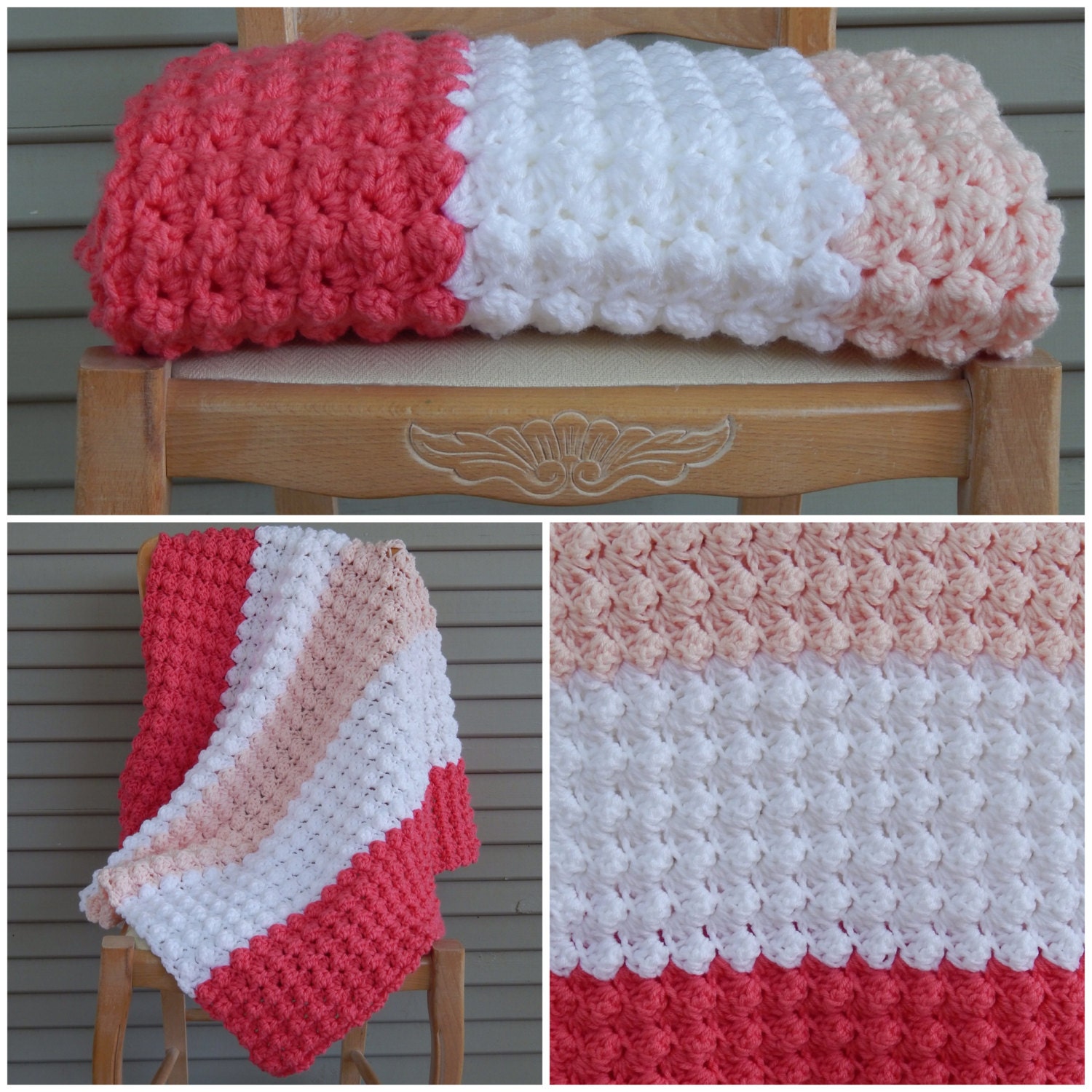 Thick Pink and White Crochet Blanket Baby Blanket Luxurious