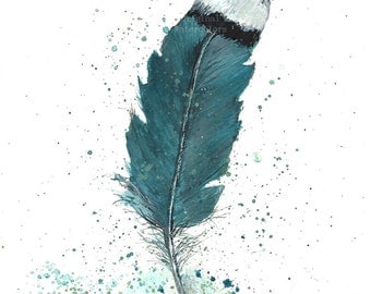 Original Watercolor Feather Study, Turquoise Feather, Original Watercolor Print, Watercolor Feather Painting,