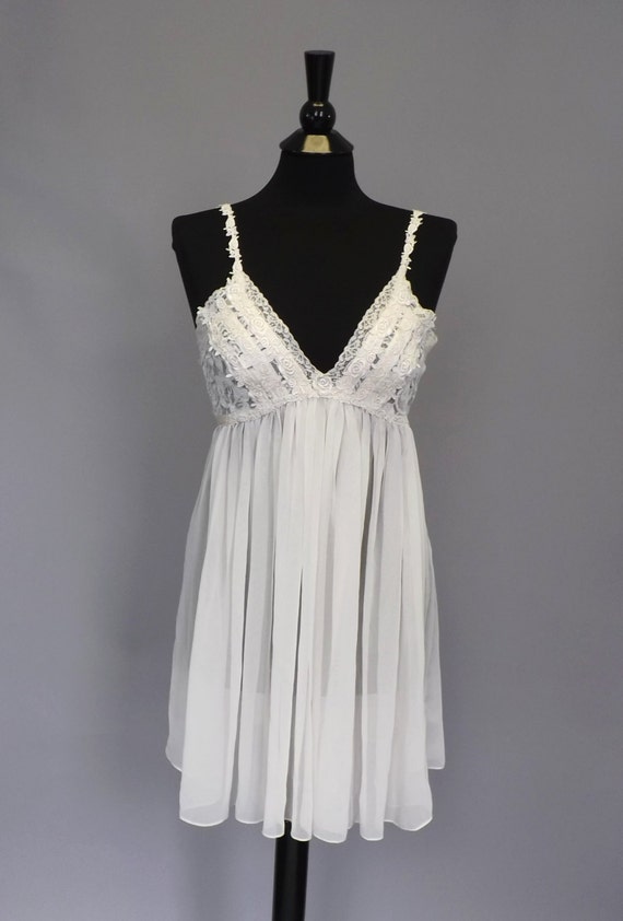 Vintage 80s 90s Short Slip Dress Semi Sheer Embroidered Lace