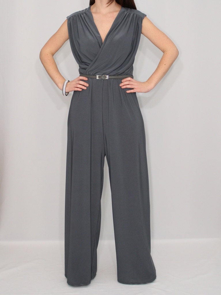 Women Gray Jumpsuit Wide Leg Jumpsuit Wrap Top by KSclothing