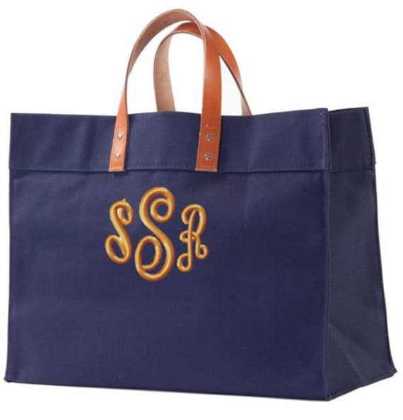Monogrammed Canvas Tote Bag Leather Handles Utility Beach