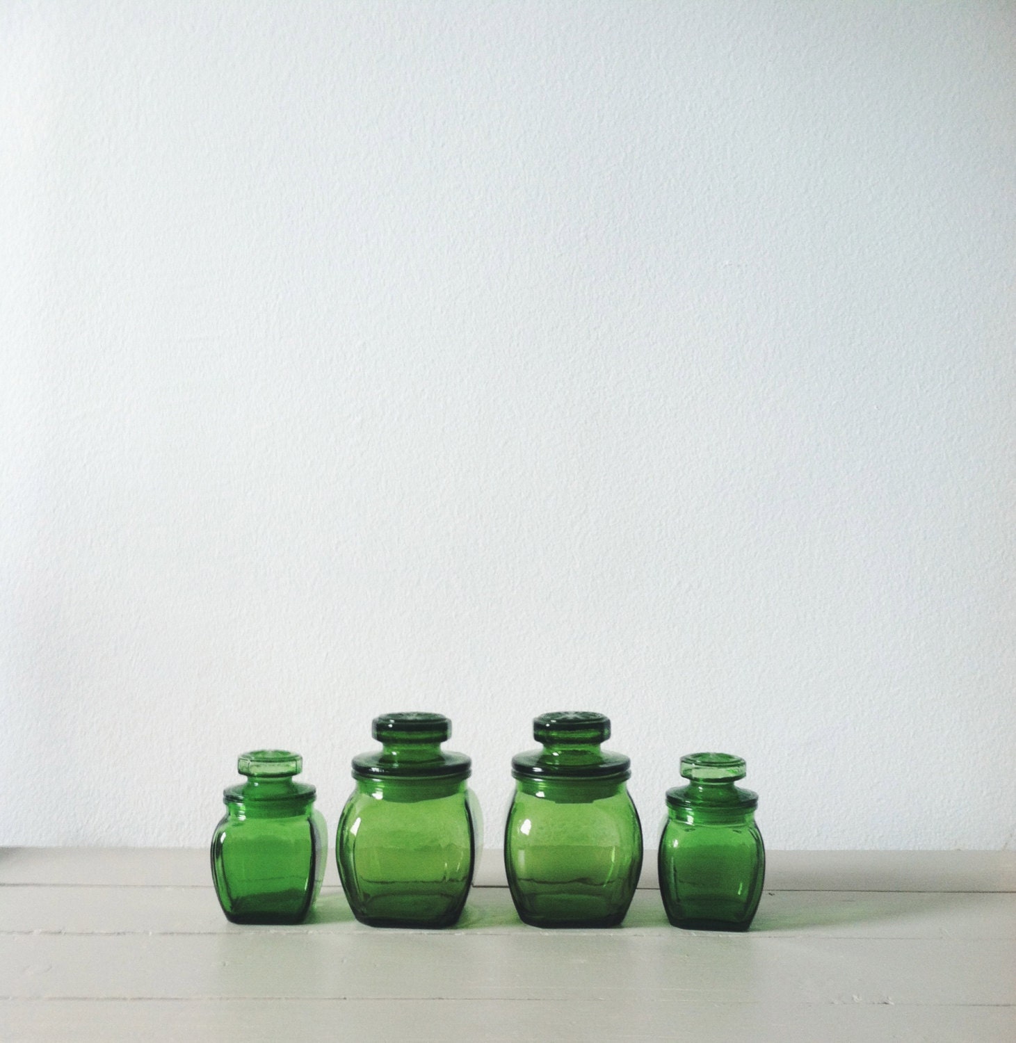 Green Glass Canister Set . Emerald Glass . Apothecary Jars