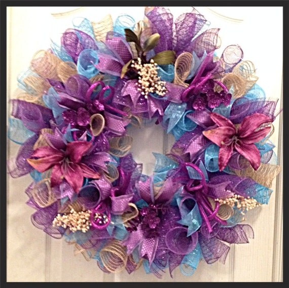 Purple Turquoise and Burlap Deco Mesh by CKDazzlingDesign on Etsy