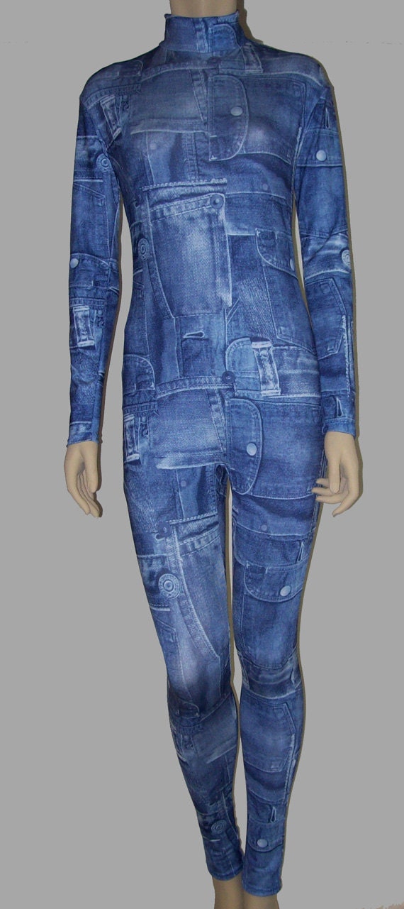 Blue Denim Print on Spandex Unitard Catsuit Bodysuit Medium