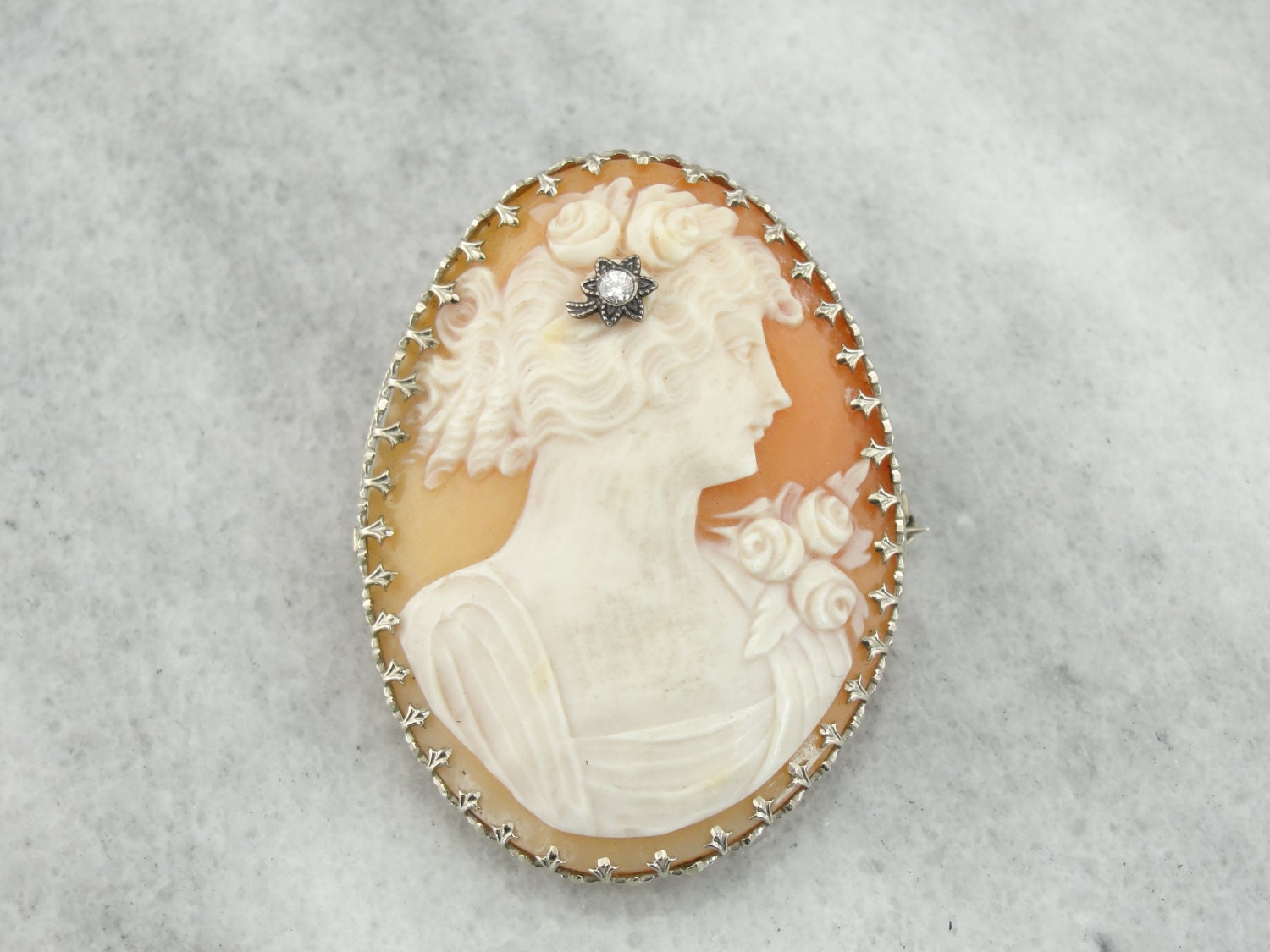 Antique Art Deco Cameo Brooch or Pendant with Diamond Hair