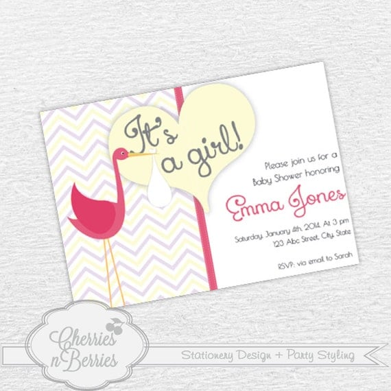 Stork themed Baby Shower. It's a Girl. Printable Invitation Il_570xn