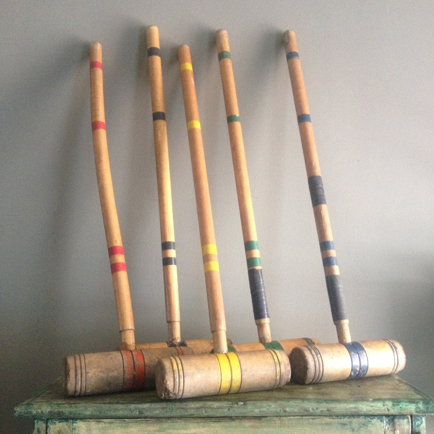 Vintage Wooden Croquet Set Five Mallets And by FareWellTrading