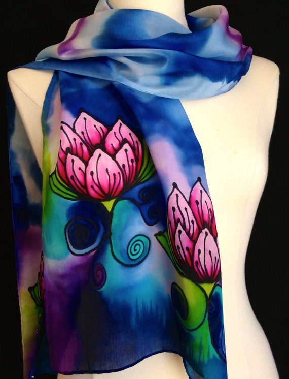 Exquisite lotus flower silk scarf 14x72 inches Ready to ship