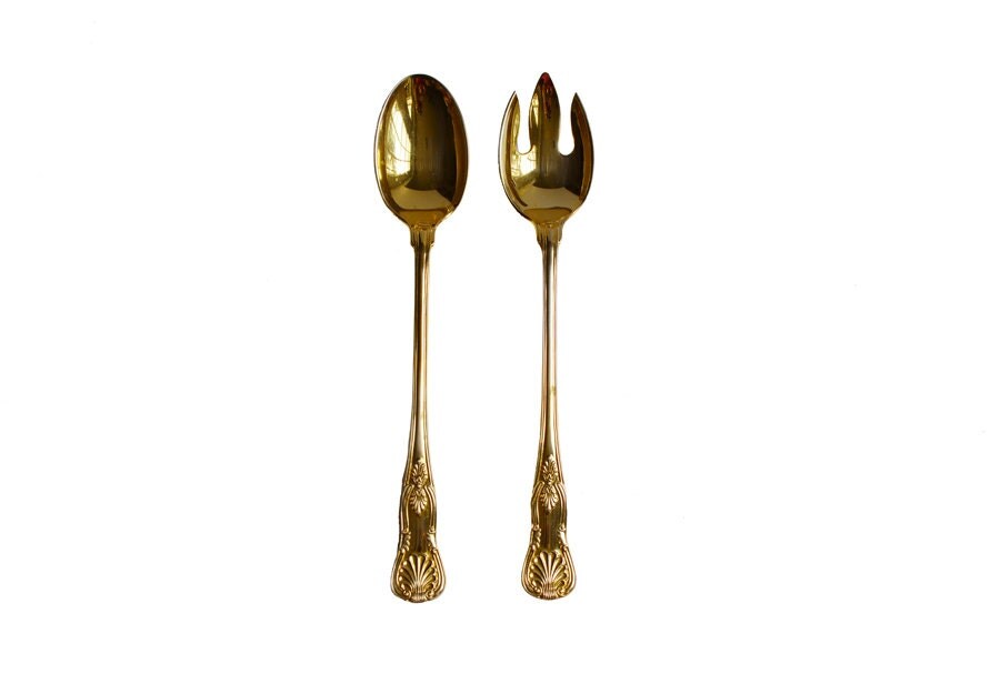 Large 2 Pc Gold Salad Set / Serving Spoon, Fork / Vintage Brass