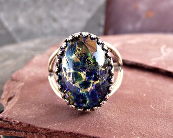 Blue Fire Opal Glass Cocktail Ring Crown Statement Boho Antiqued Silver ...