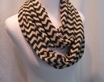 LONG Black and Taupe Tan Mini Chevron Jersey Knit Infinity Scarf - ChevronScarf