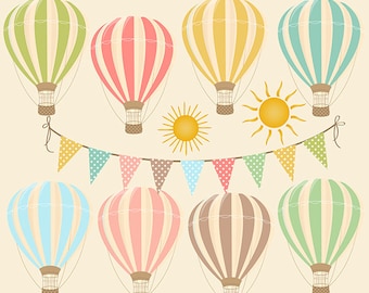 Hot Air Balloons Clipart Digital: "HOT AIR BALLOONS" with bunting banner, sun clipart, for Birthday Party, Invites, Cards