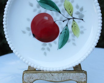 Decorative Plate. Milk Glass Plate. Hand Painted Apple and Leaves on Milk Glass Plate. Hobnail Rim Display Plate.