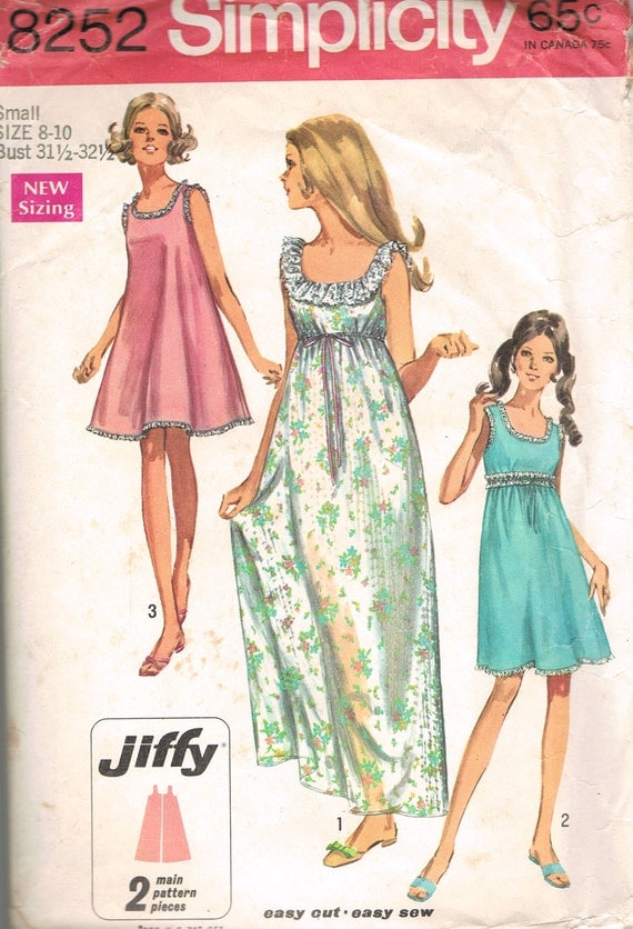 Size 8&10 Vintage 60s Misses&quot; Baby Doll Nightgown In 2 Lengths Jiffy Simplicity Sewing Pattern 8252 Sizes 8 10