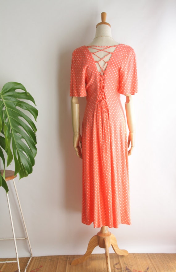 SALE /// Pastel orange dress. 90s peach polka dot dress. Lace
