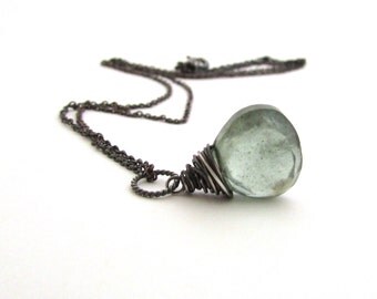 Moss aquamarine necklace, March birthstone, aquamarine pendant, oxidized sterling silver wire wrapped necklace, aquamarine jewelry
