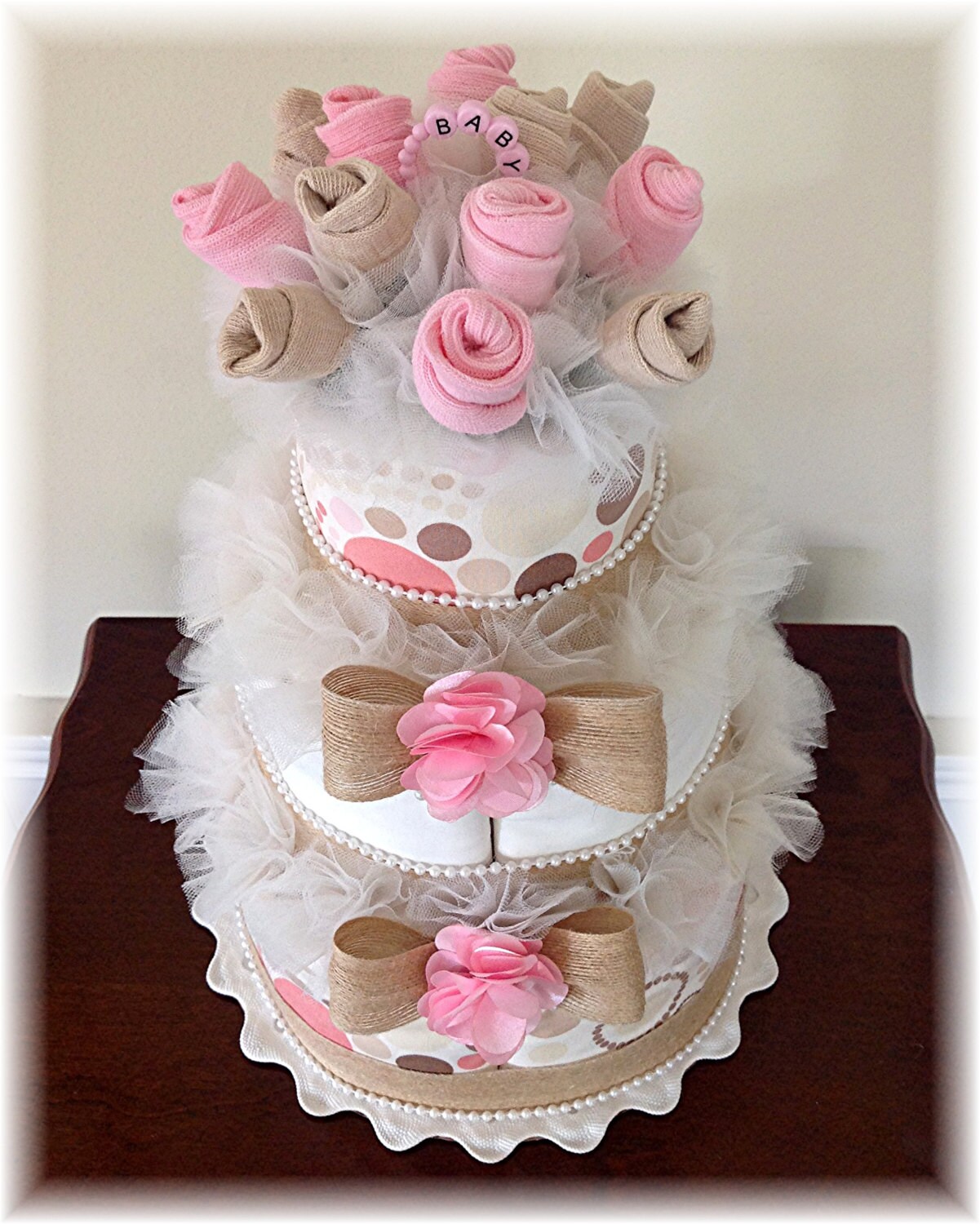 3 Tier Baby Sock Bouquet Burp Cloth Cake Pink by JustBabyBoutique