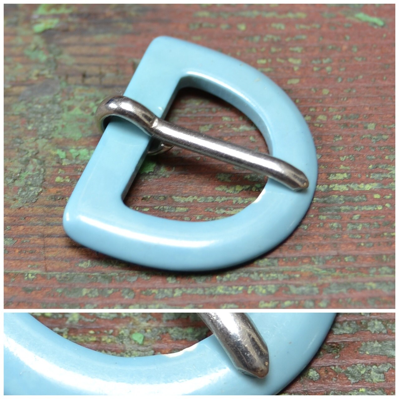 Vintage buckle, 1970s pale blue plastic belt buckle, small semi circle design with central pin