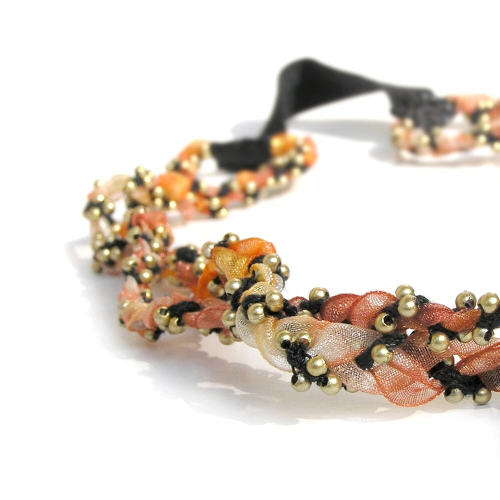Double Band Headband Orange Headband Gypsy Headpiece Beaded