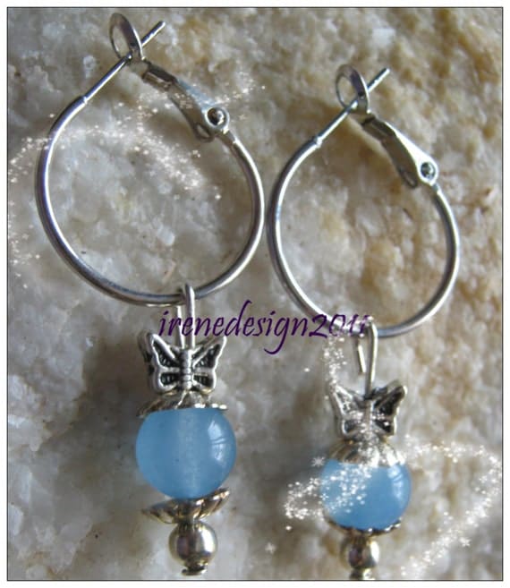 Handmade Silver Hoop Drop Earrings with Blue Aquamarine & Butterfly by IreneDesign2011