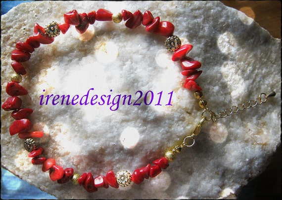 Handmade Gold Anklet with Red Coral & Flowers by IreneDesign2011