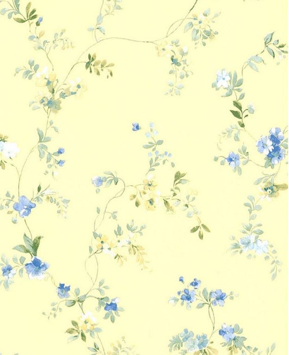 Country French Floral - Sweet and Cheerful Blue and Yellow - Shabby Cottage, Bouquet, Flower - Wallpaper By The Yard - SM8580