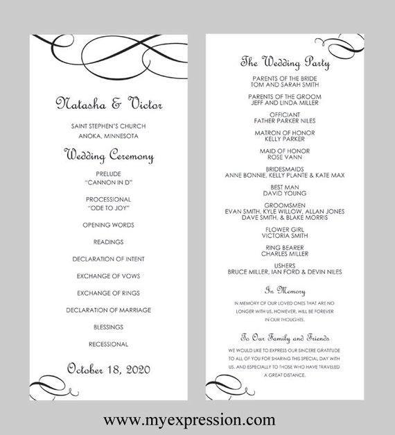 Wedding Program Template Tea Length Calligraphic Flourish