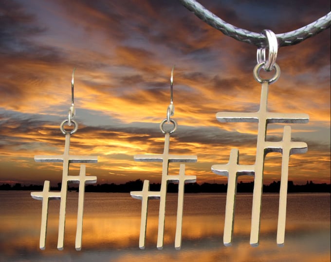 Silver Gold Calvary 3 Cross Earrings Necklace Pendant Set Womens Girls Christian Jewelry - Saint Michaels Jewelry - Calvary Three Cross