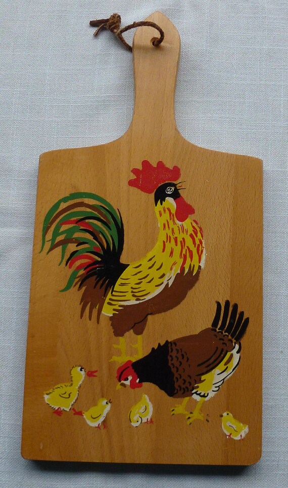 Vintage Hand Painted Rooster Hen and Baby Chicks Wall Hanging